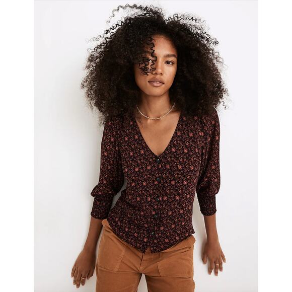 Madewell S red Georgette Smocked-Cuff Button-Front Top - Picture 1 of 7